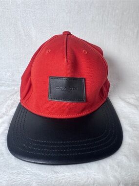 Coach New York Red Black Leather Trim Baseball Cap Hat OS